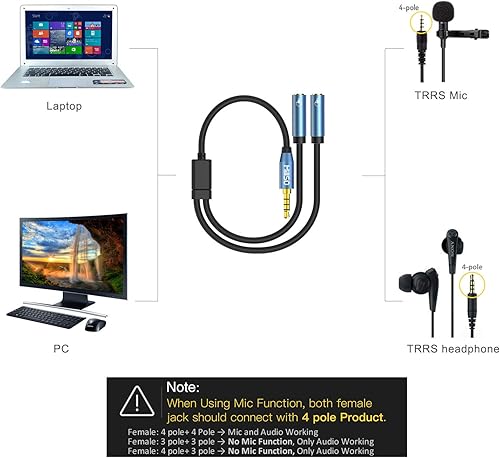 Miniatura 4 de MillSO Divisor de auriculares para 2 auriculares TRRS o micrófonos - Adaptador de conector de 0.138 in TRRS Divisor de 4 polos macho a 2 adaptadores