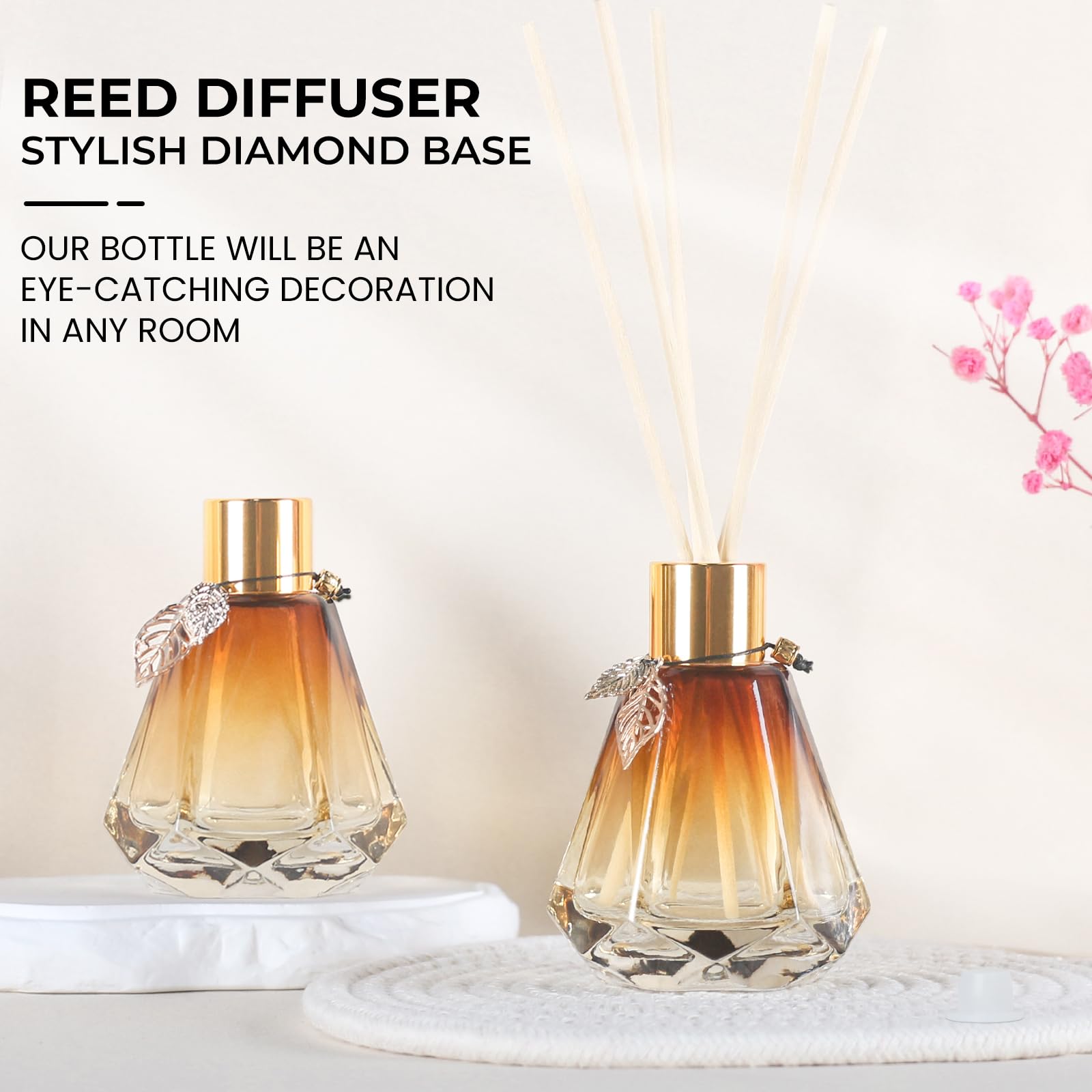 4 Leere Schilfrohr-Diffusorflaschen mit 20 Stäbchen, zartes Blattgold, Glas-Duft-Set mit Deckel für Zuhause, Badezimmer, nachfüllbar, Diamant-Stil, Gold