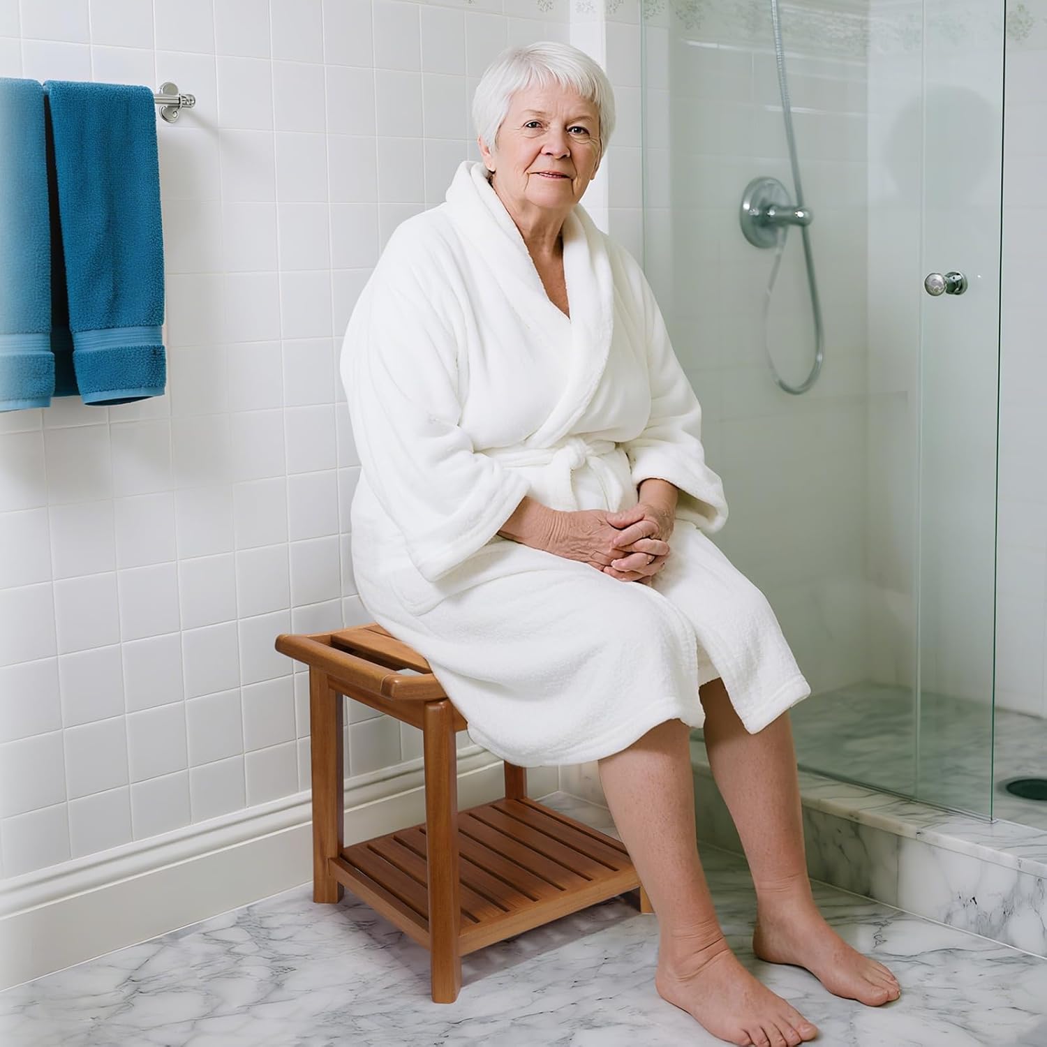 17" Teak Shower Chair with Storage Shelf & Handle, Non-Slip Waterproof Wooden Shower Bench, Stable Bathroom Seat and Heavy Duty Shower Stool for Tub or Indoor Use, Ideal for Elderly, Recovery 17"-Medium