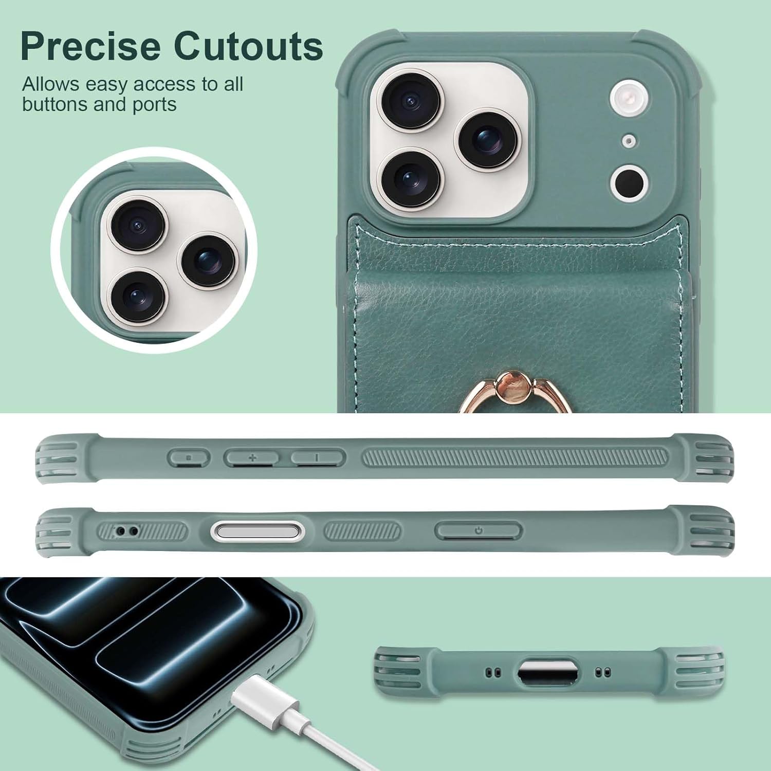 VANAVAGY Compatible for iPhone 17 Pro Wallet Case with RFID Blocking Card Holder, [Screen Protector] PU Leather Shockproof Case Magnetic Clasp Ring Kickstand Flip Cover for Women Men,Forest Green