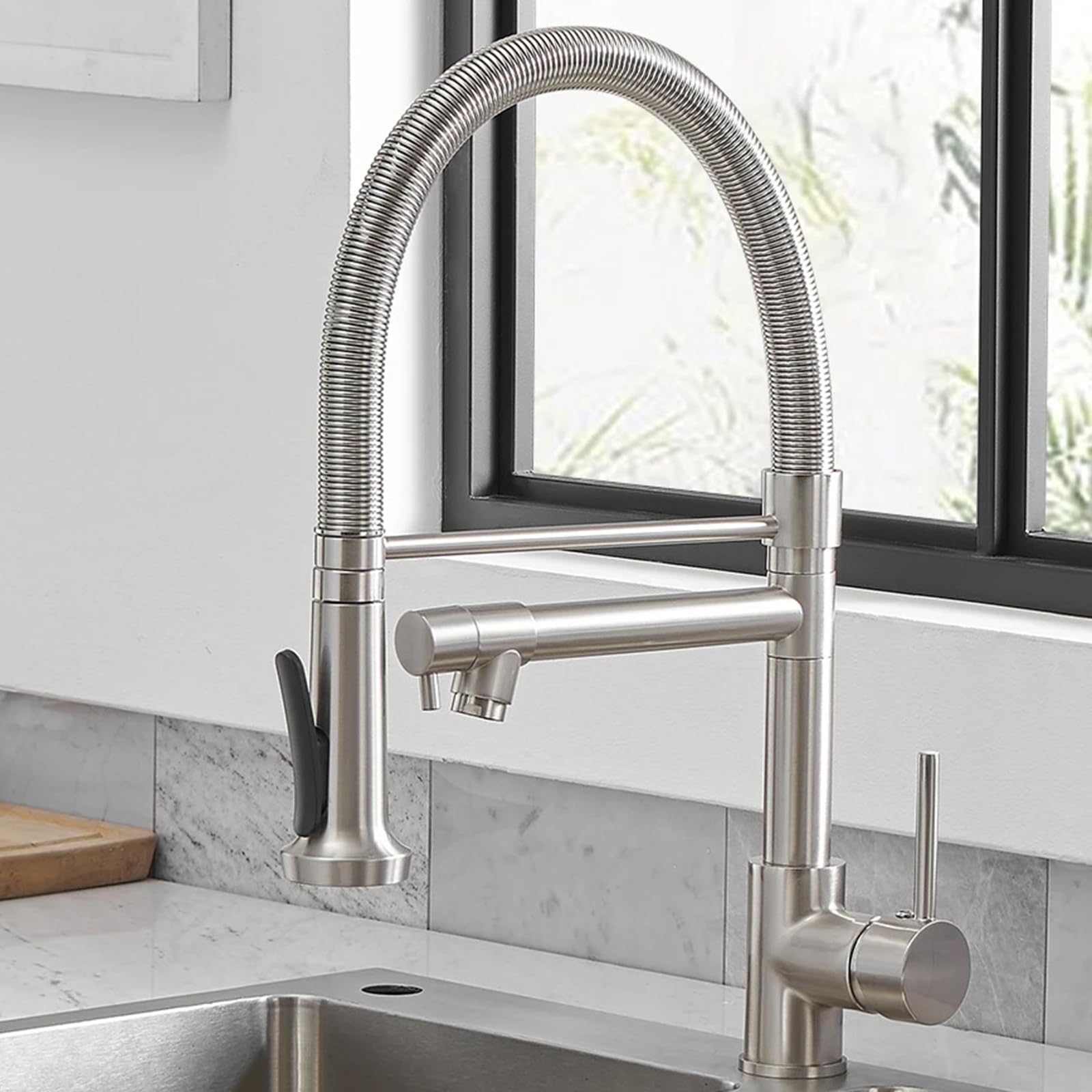Kitchen Spring Mixer Tap Rotate 2 Mode Flexible Spout Brass-Brushed