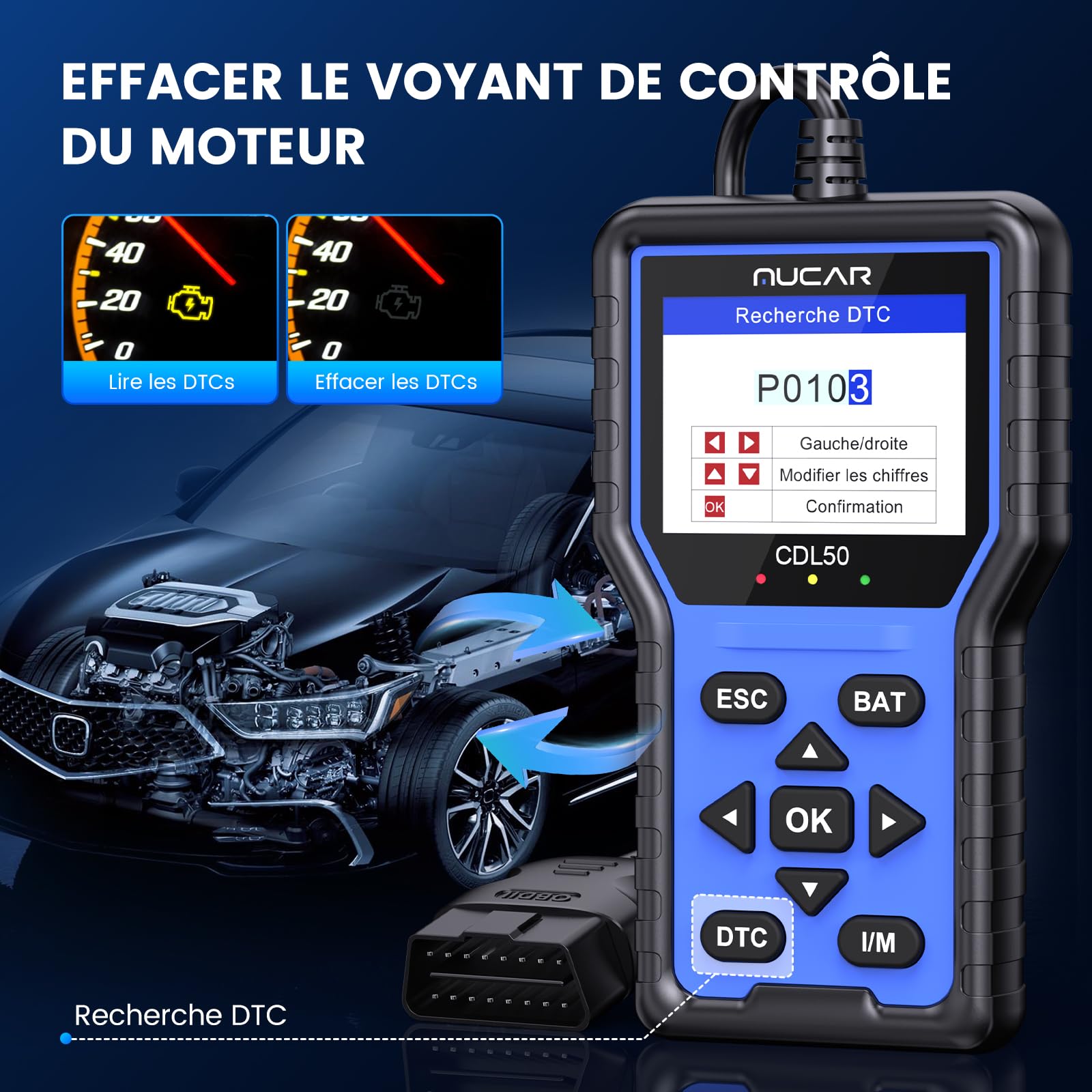 mucar Valise Diagnostic Auto, CDL50 OBD2 Diagnostic Français, OBD2 Scanner Universel Lecteur de Code d'erreur de Moteur (MUCAR-CDL50)