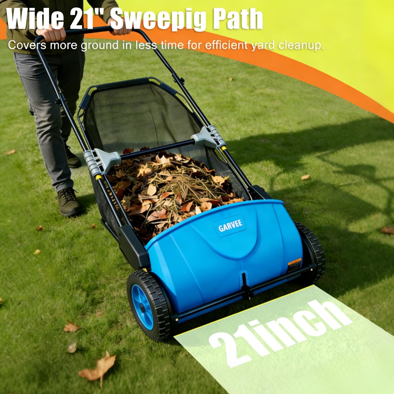GarveeLife Spazzatrice manuale a spinta da 53,3 cm, raccoglitore di foglie e detriti da cortile con borsa di raccolta da 3,5 Cu. Ft. Altezza della spazzola regolabile per prati e passi carrai, design