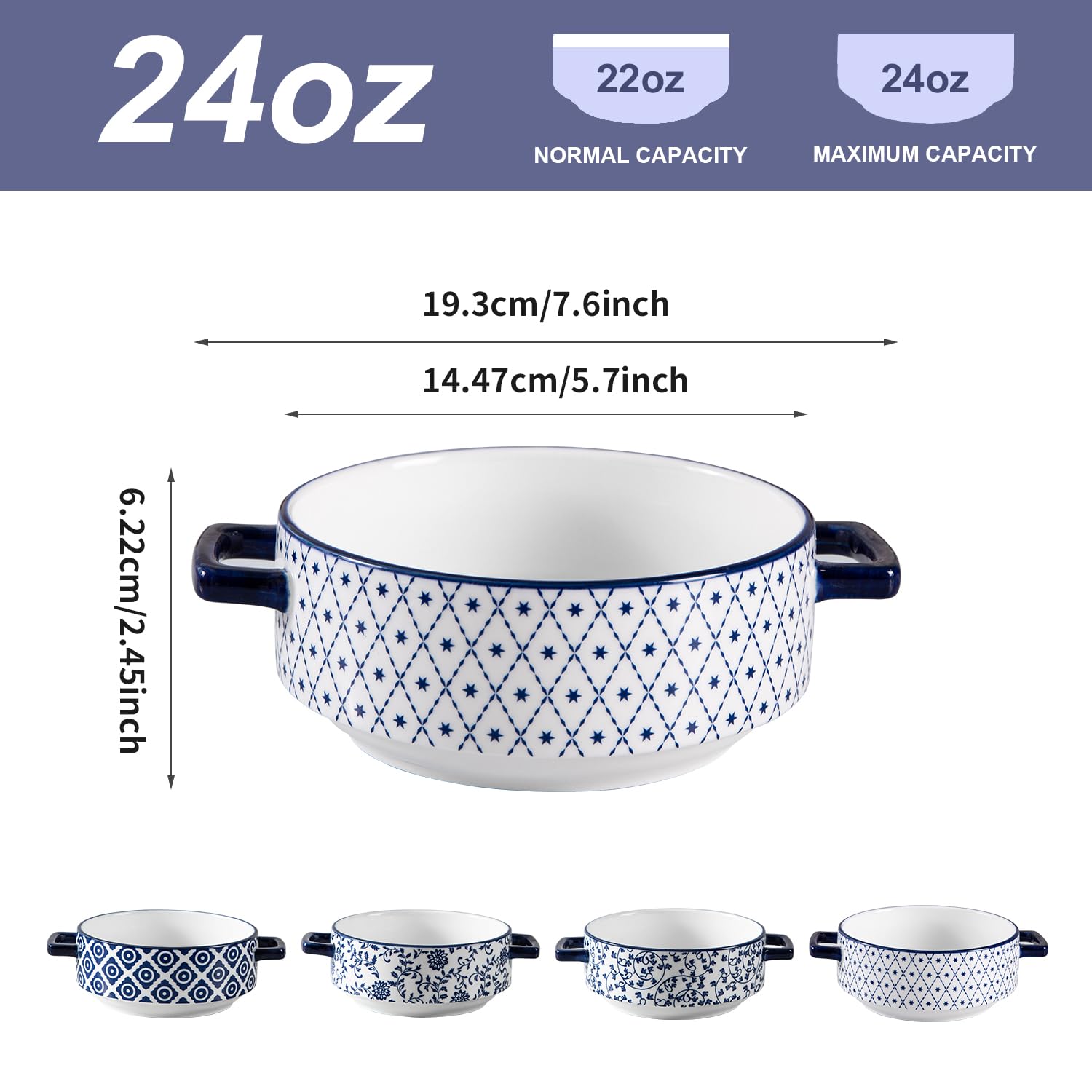 Suppenschalen mit Griffen, 680 ml, Keramik, französische Zwiebelsuppentöpfe, Servierschalen für Nudeln, Müsli, Rind, Eintopf, Kuchen, Auflaufform, Ofen, Mikrowelle, Geschirrspüler, 4 Stück