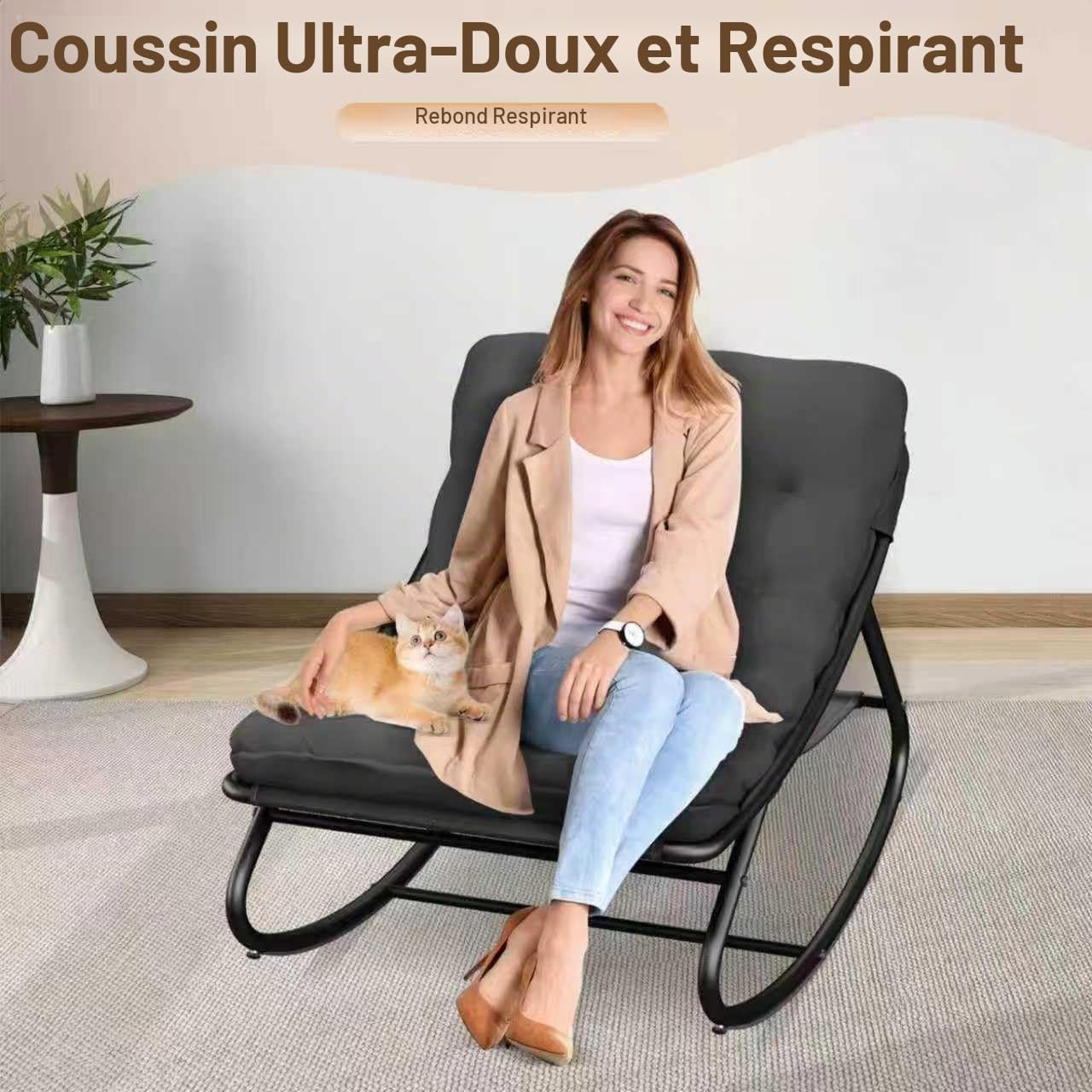 Fauteuil a Bascule avec Tabouret, Rocking Chair pour Intérieur, Extérieur, XXL Chaise a Bascule, Capacité 150 kg, Chaise à Bascule avec Coussin Rembourré, pour Salon, Jardin, Balcon (Gris)