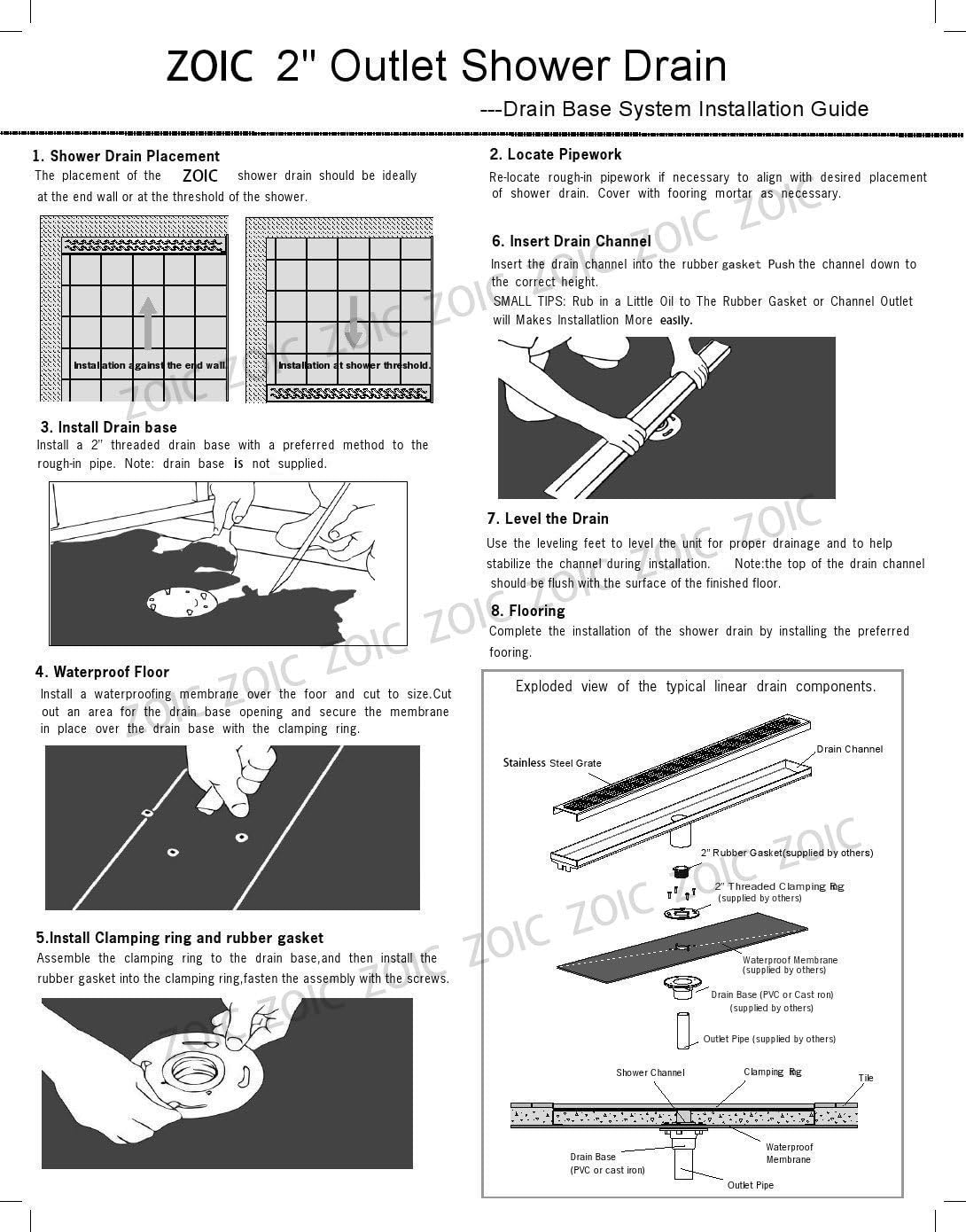 ZOIC Linear Stealth Tile Insert Floor Grate Bathroom Shower Waste Drain 304 Stainless Steel Side Outlet 31.49 Inches (800MM)