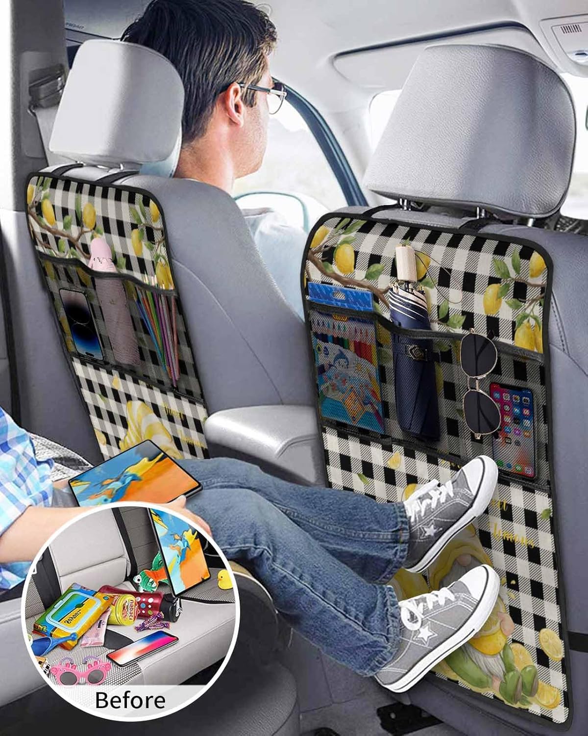 Car Seat Protector, 2 Pack Kick Mats with Organizer - 3 Pocket Storage, Summer Gnome Farm Lemon Tree Branch Black White Plaid Back Seat Cover for Kids Universal Fit Automotive Interior Protectors