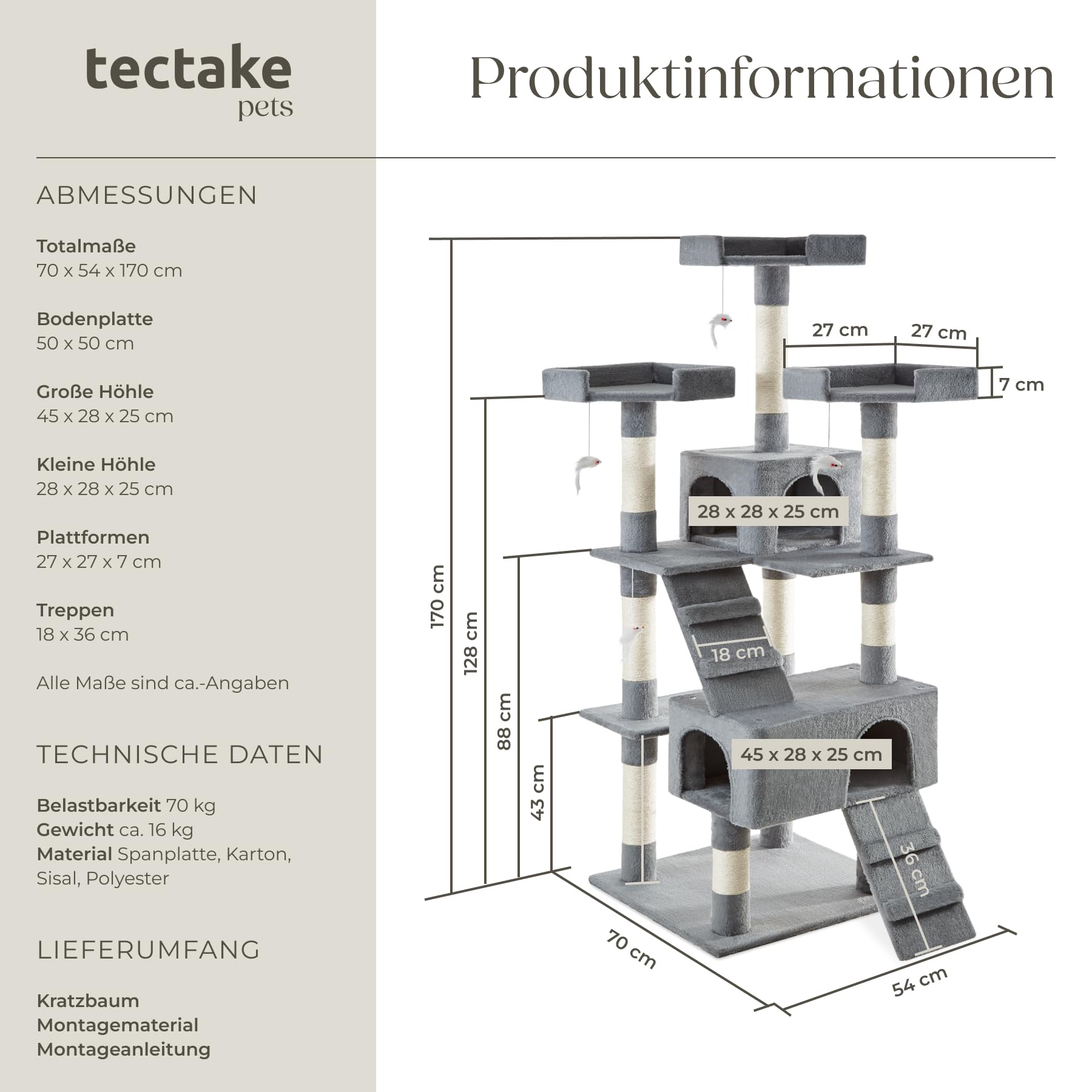 tectake® Katzen Kratzbaum groß, für Katzen und Kitten, mit 2X Katzenhaus, 4X Katzenspielzeug Spielmaus und 2X Katzenleiter zum Klettern, Kratzsäule Sisalseil, Kippschutz mit Wandmontage - grau