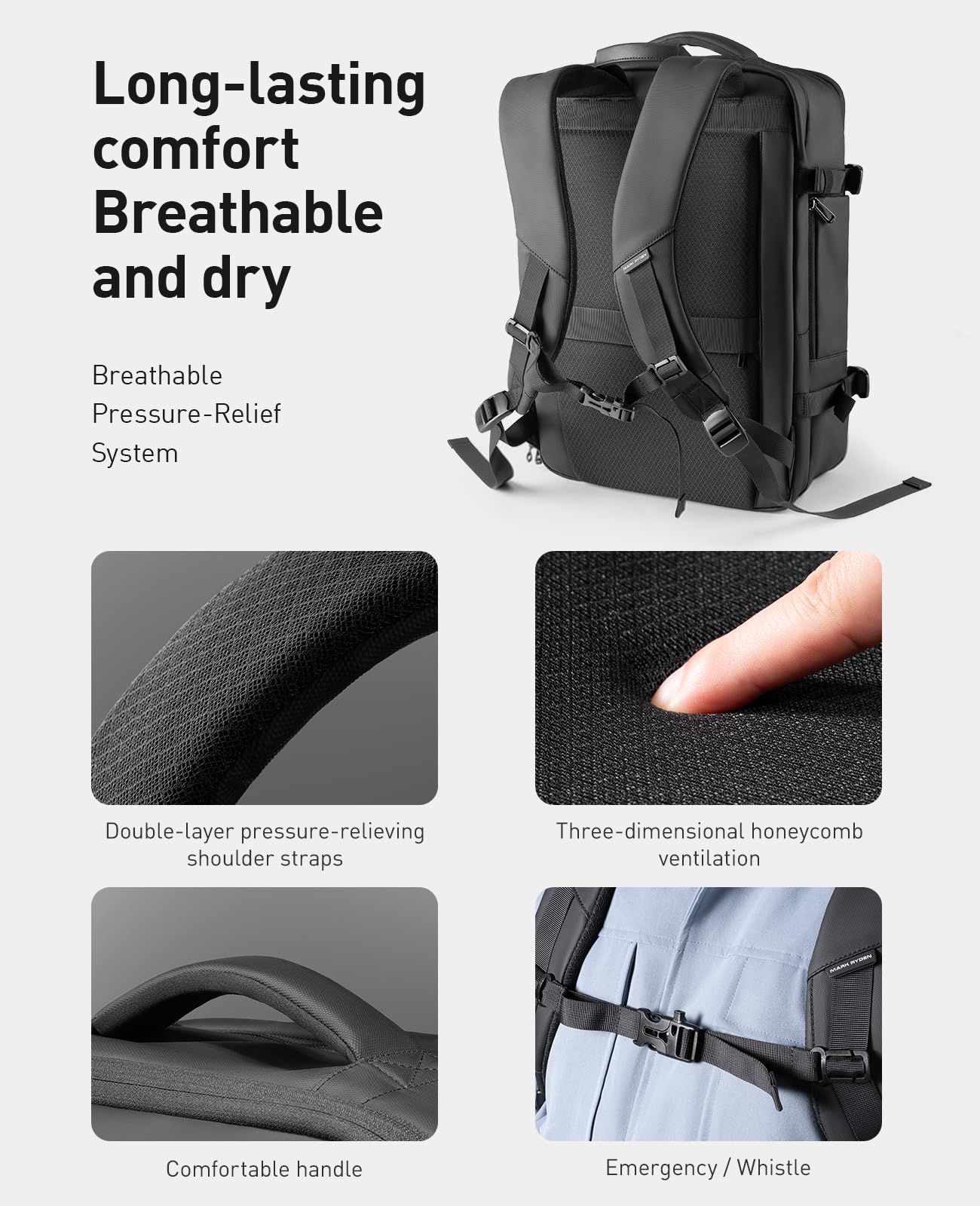 MARK RYDEN Mochila expandible para hombre de negocios, bolsa para portátil de 17 pulgadas, tejido hidrófobo, antirrobo, certificado de vuelo, equipaje de mano, Negro , 30-42L, Negocio