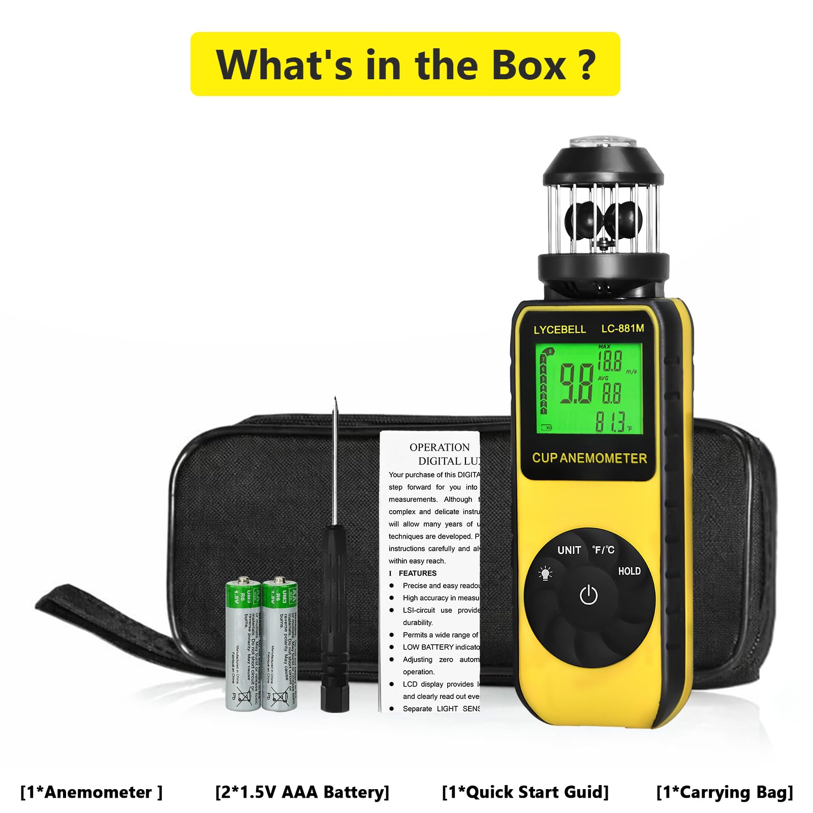 Anemometro portatile 881M, misuratore del vento digitale 0,7-42 m/s, misurazione della velocità del vento e della temperatura a 360°, con bussola, per HVAC, surf, vela, drone