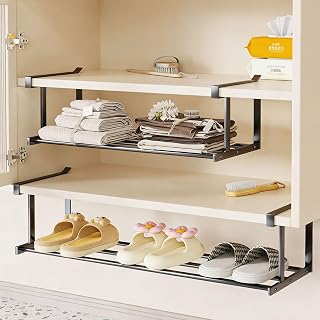 ViWaVee Hanging Shoe Rack Organizer in Cabinet Expandable 40-70 cm Shelf for Under Cabinet - Ideal for Storage and Organization in the Kitchen or for Clothing. Black