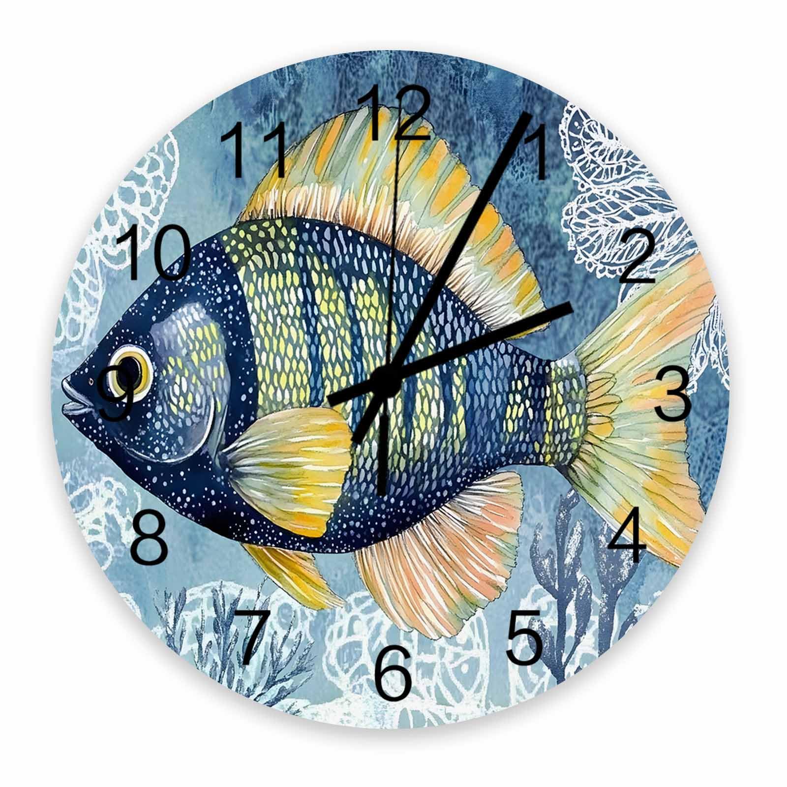 Horloge murale poisson bleu et jaune silencieuse grande taille pour salon