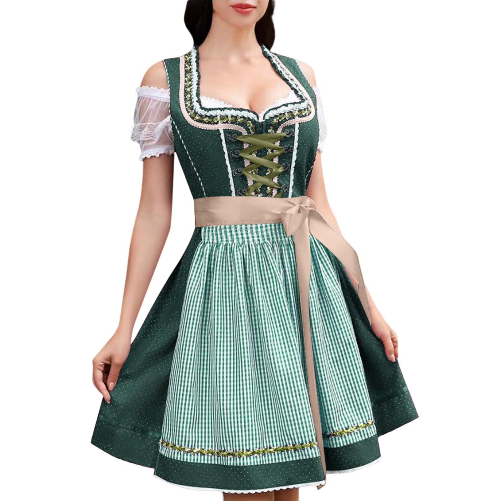 Generisch Dirndl Komplettset Women Midi Dirndl Und Bluse Mit Schürze Kurzarm Oktoberfest Damen Outfit Kariert Trachtenbluse Dirndlbluse Trachten Schürze Elegant Dirndlkleid Set