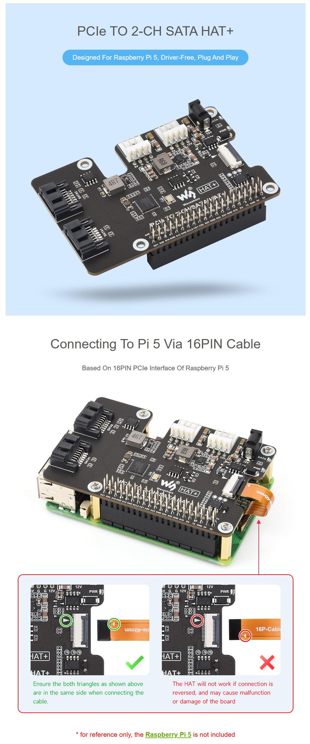 PCIe na 2-kanałowy adapter SATA HAT+ do Raspberry Pi 5, karta rozszerzeń SATA 3.0 ze wskaźnikami LED, EEPROM, Plug and Play, szybka pamięć HDD/SSD
