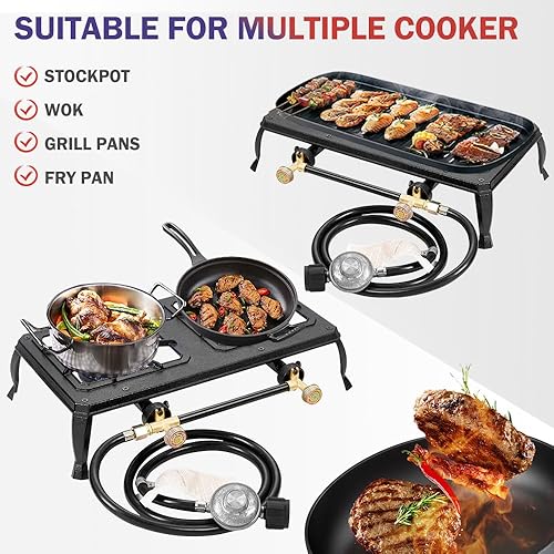 Miniatura 2 de Vivicreate Estufa de camping de llama de hierro fundido de un solo quemador, incluye regulador y manguera de gas listado CSA (HT-C-0011)