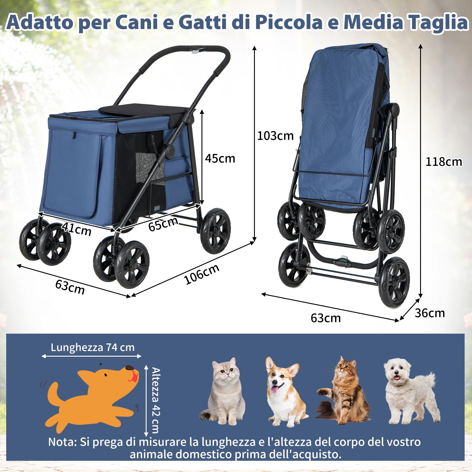 COSTWAY Passeggino per Cani Pieghevole, Carrello a 4 Ruote per Animali Domestici Piccoli e Medi, Trasportino Portatile con Ruote, Lucernario e Tasche, Chiusura Rapida (Blu)