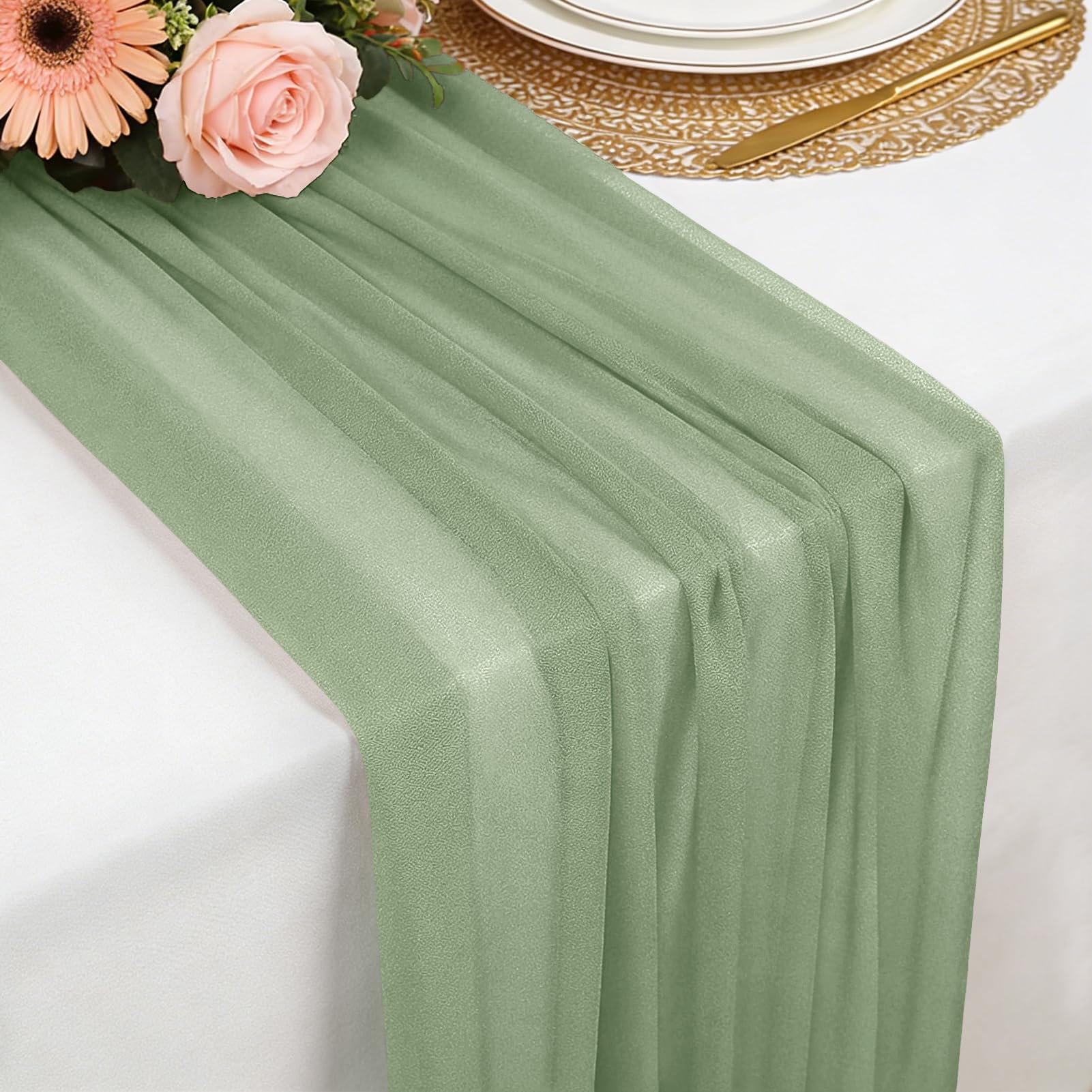 Chiffon Table Runner Sage Green, 77 x 300 cm Soft and Comfortable Table Runner for Boho Wedding, Party, Baptism Decor, Baby Shower, Bridal Shower Kitchen Table Decoration