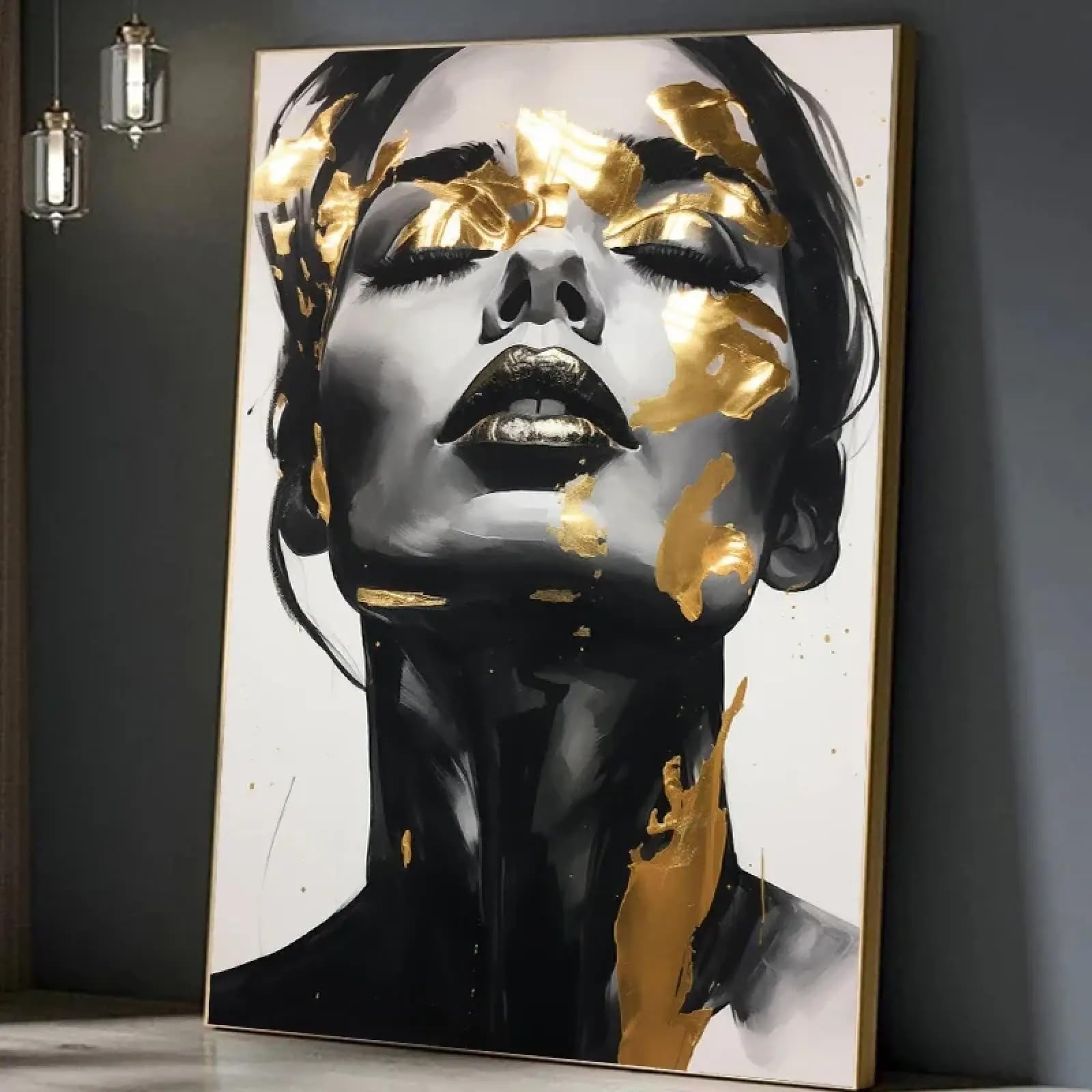 AINIBPO Black Golden Woman Face Posters Prints Abstract Art Canvas Painting Portrait Luxury Wall Art Painting Home Decor Mural 50x70cm Frameless