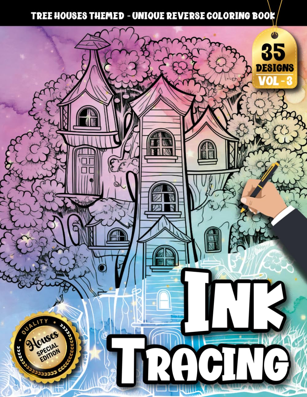 Ink Tracing Book For Adults: Relaxing Tree House Pages Featuring Watercolor Scenes for Creative Tracing and mindfulness (Tree Houses Tracing Series)