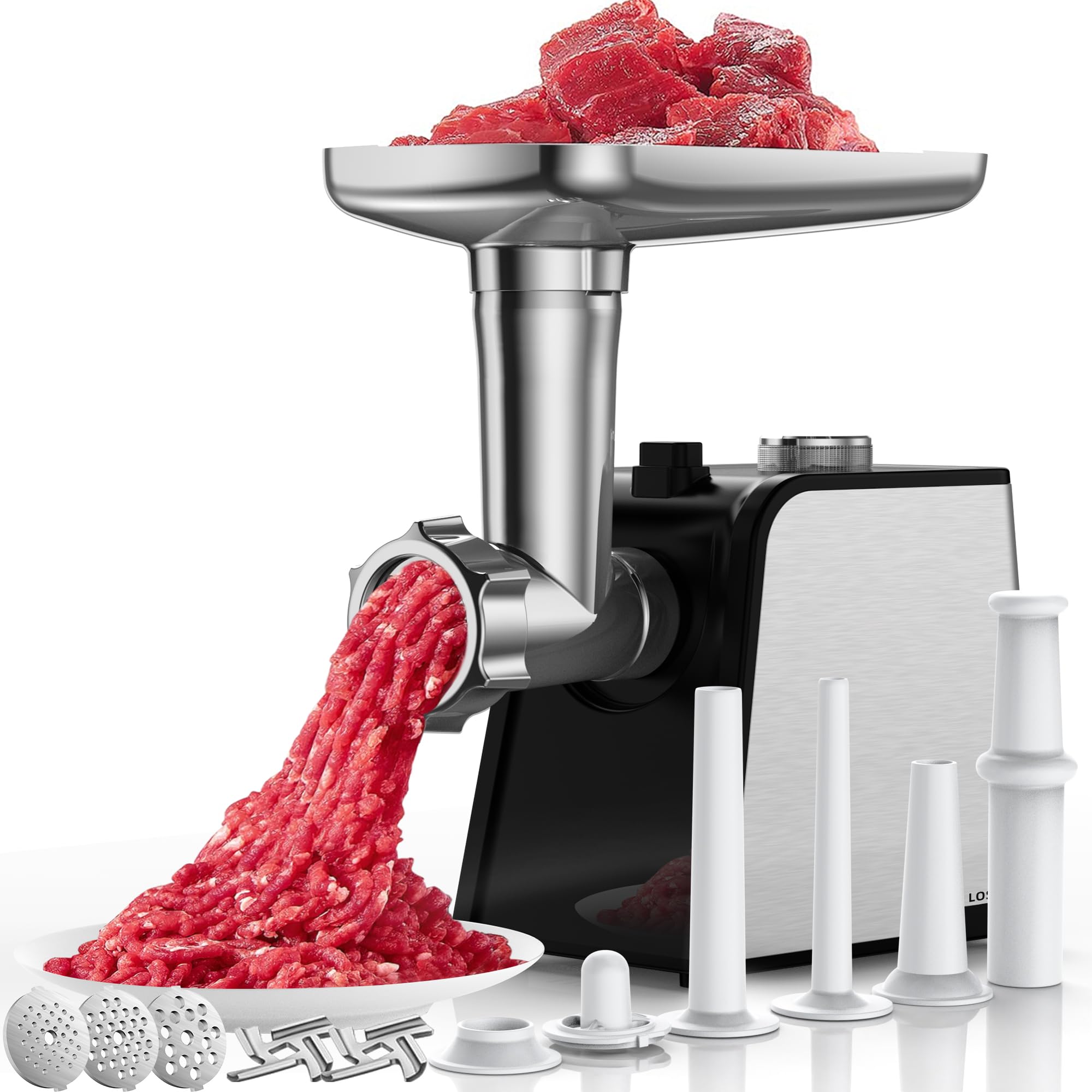 3200W Max Electric Meat Grinder & Sausage Stuffer - Heavy Duty Mincer Machine with 2 Blade And 3 Plates, 3 Tubes & Kubbe Kit for Home Kitchen Use MG-S9
