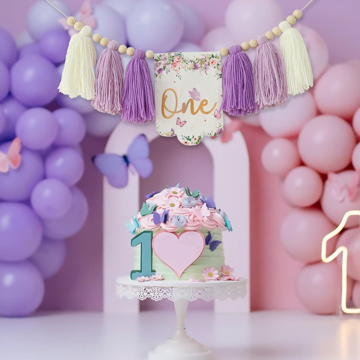 Handmade Butterfly Flower 1st Birthday High Chair Banner Purple Party Decoration For Girls Boys Wall Hangings Decorative