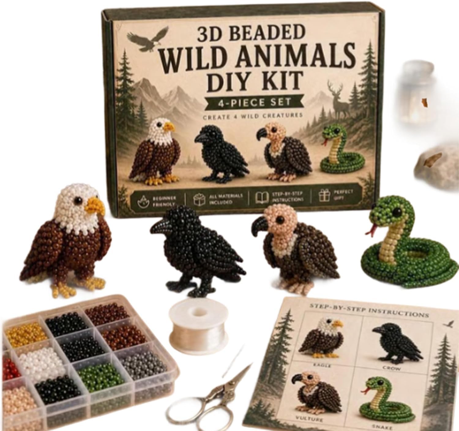 3D Beaded Craft Kit, Handmade Creative Jewelry Art Craft Kit for Kids,Teens & Adults, DIY Handmade Bead Art Set with Full Materials & Instructions (10-Wildlife)