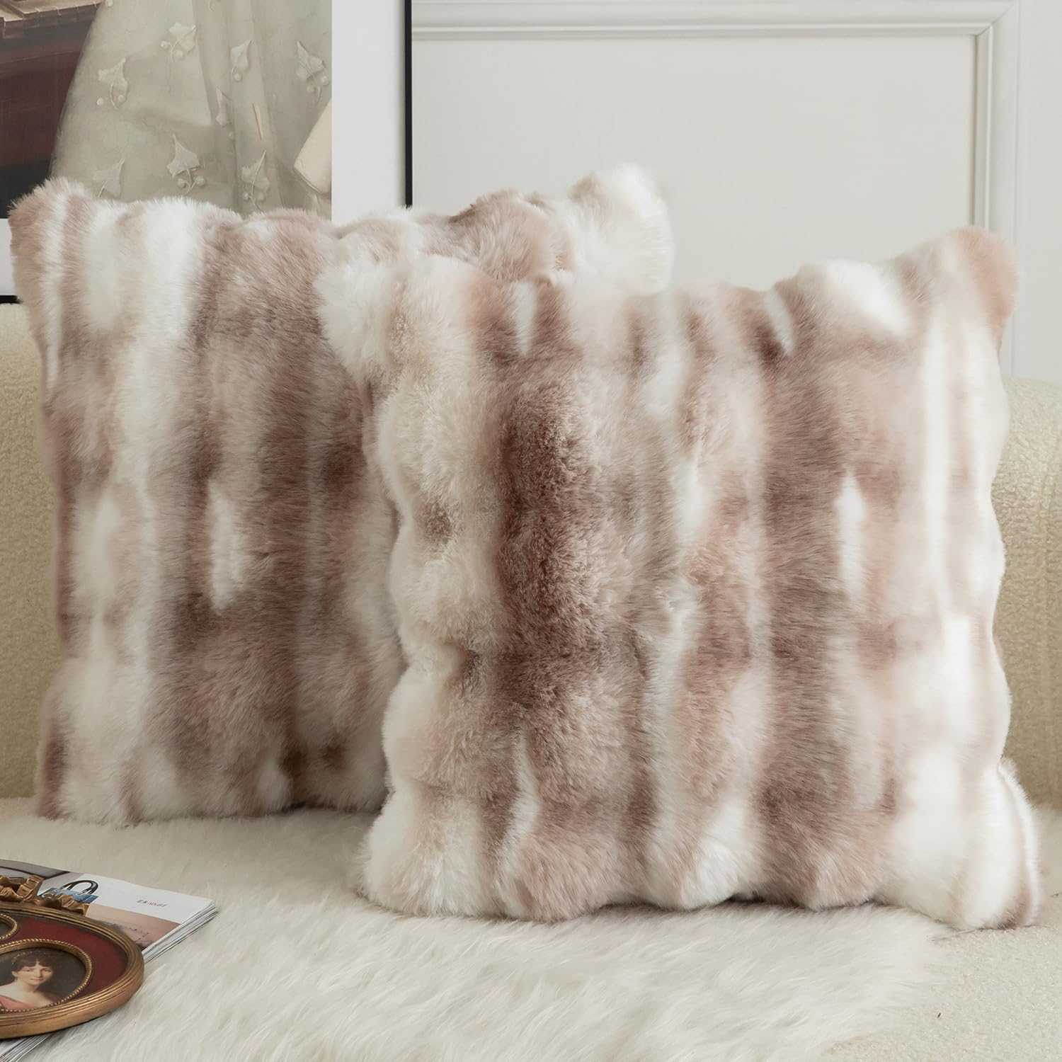 Mandioo Pack of 2 Cushion Covers 65cm x 65cm Decorative Thick Plush Wool Throw Pillow Covers cases for Sofa Bedroom Living Home 26 x 26 Inch White Taupe
