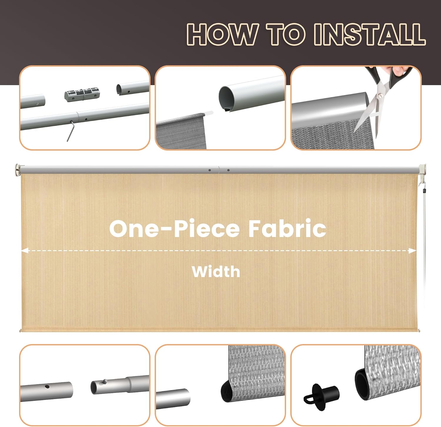 VICLLAX Cordless Outdoor Roller Shade for Patio 9 ftx8 ft, Outdoor Blind Patio Shade Roller Up for Porch Gazebo with Spliced Design, Wheat