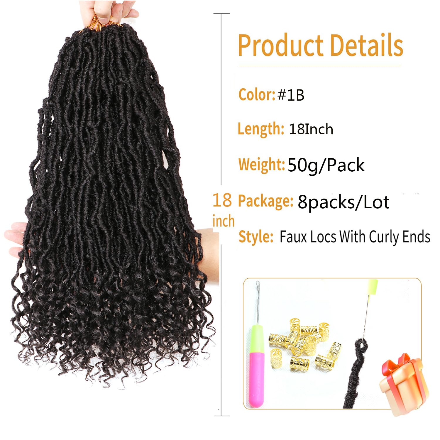 Faux Locs Crochet Hair-Soft Locs Crochet Braids Hair Extensions Goddess Braids Extensions Hair (#1B, 18Inch (Pack of 8) curly end) - Image 2