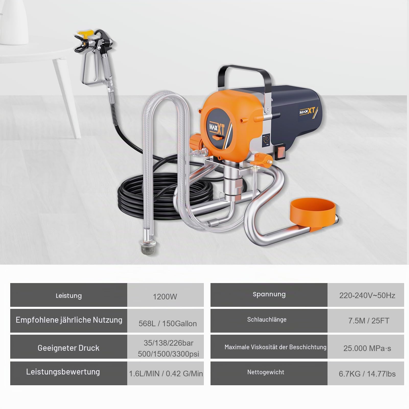 MAXXT Airless-Farbspritzgerät | 226 bar Hochdruck | 1,6 L/min Maximaldurchfluss | 7,5 m Hochdruckschlauch | Spray-Tip 517 | Inkl. Druckregelung & robustem Schlauchdesign