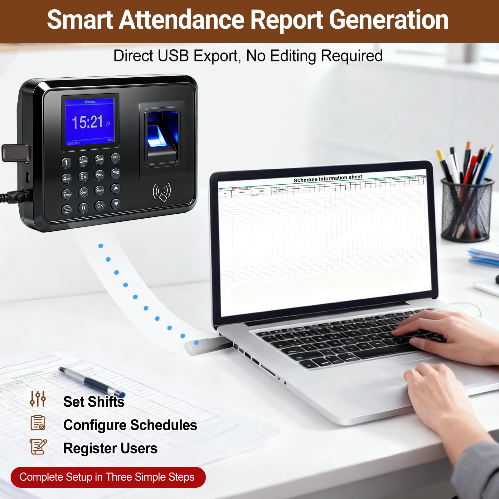 Time Clock for Small Business, Biometric Clocking in Machine with Fingerprint/RFID/PIN – Staff Attendance System for Office Factory, Includes 10 RFID Cards & 8GB U-Disk, No Monthly Fees — view 5