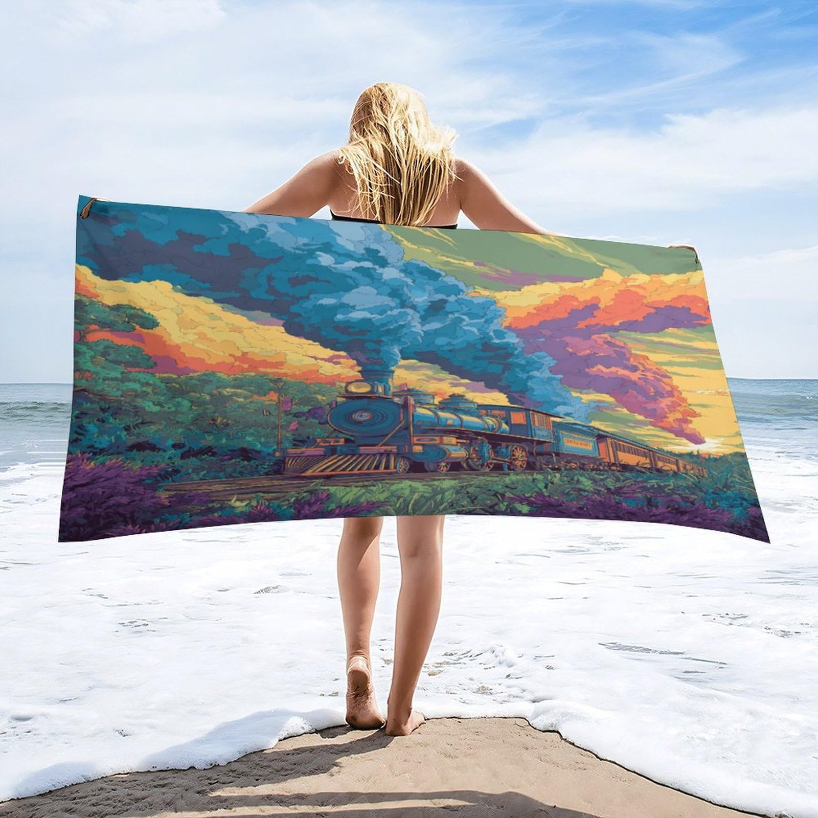 LUYYSKY Retro Classic Antique Train Quick-Drying Beach Towel, Rustic Oil Painting Sunset Forest Steampunk Steam Train Travel Vacation Single Sided Pile Bathroom Towels-80 W cm x 160" L cm