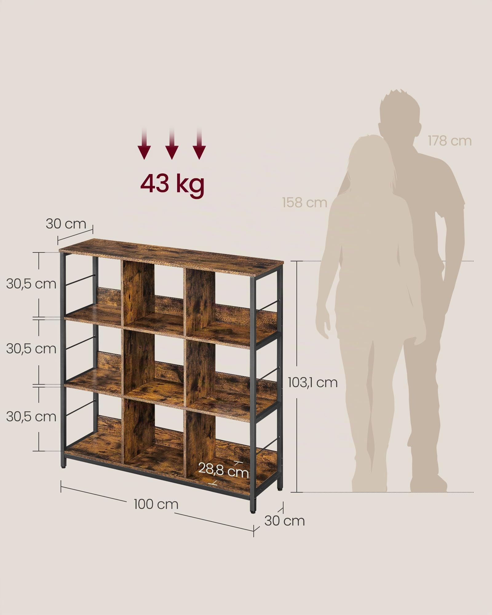 VASAGLE Estantería de Almacenamiento de 3 Niveles, Librería, Estantería Independiente con 9 Compartimiento, Salón, Estudio, Cocina, 30 x 100 x 103,1 cm, Marrón Rústico y Negro LLS112B01