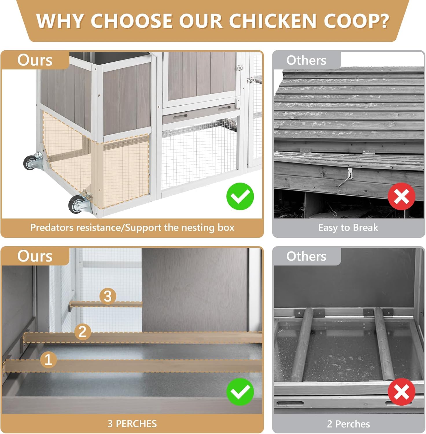 PetsCosset 157.4"L Chicken Coop with Wheels, Large Wooden Chicken House with Run, Backyard Hen House Poultry Cage for 2-6 Chickens Rabbit and Small Animal, Nesting Box, Tray, 6 Perches, Set of 2, Grey