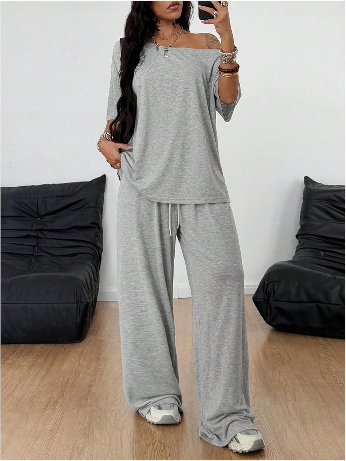 SOLY HUX Women's Summer 2 Piece Outfits Off the Shoulder Half Sleeve T Shirt and Sweatpants Set Casual Streetwear - Image 5