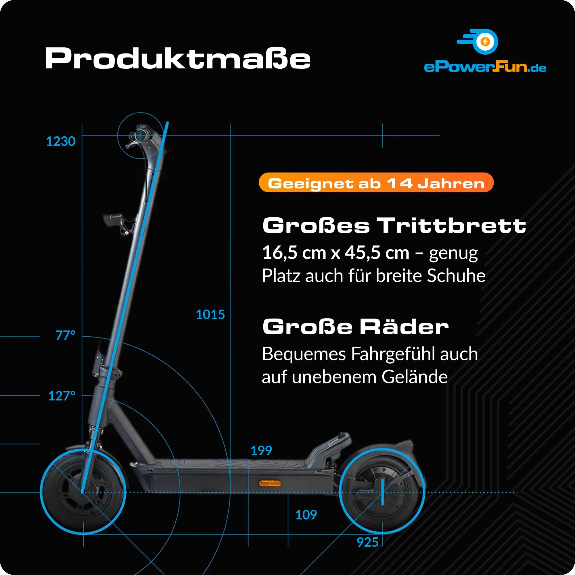 ePowerFun ePF-2 PRO 653W | E-Scooter Straßenzulassung | 80km Reichweite | 45 km Reichweite, 1200 W Peak, 500 W Heckantrieb, 9 Zoll Luftreifen, Blinker vorn + hinten, App-Wegfahrsperre, IP65