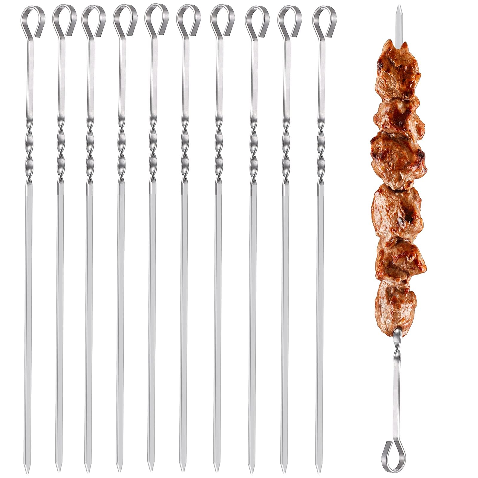10pcs Stainless Steel BBQ Grilling Skewers Flat Reusable Metal Skewer Sticks 14.1inch for Barbecue, Camping Cooking, shish kabob, Party Essentials