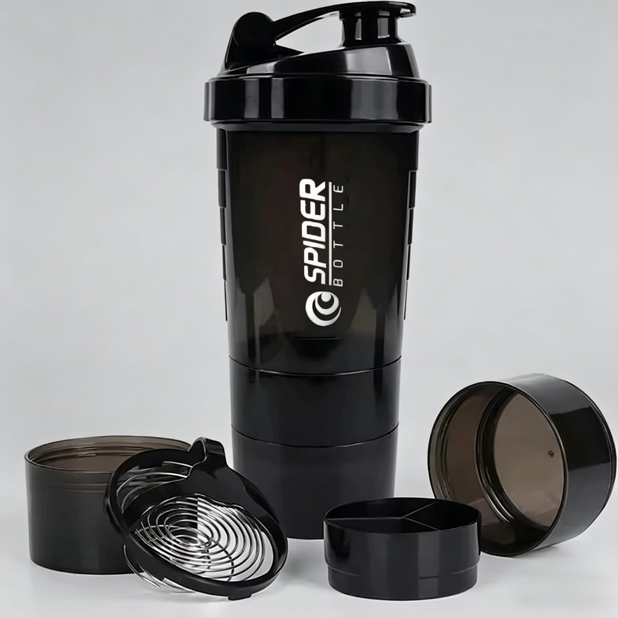 19oz Shaker Bottle, Multi-Functional Protein Shaker Cup with Removable Storage Compartments, Wide Mouth Leak-Proof Sports Water Bottle to Store Pill and Protein Powder for Daily Use (Black)