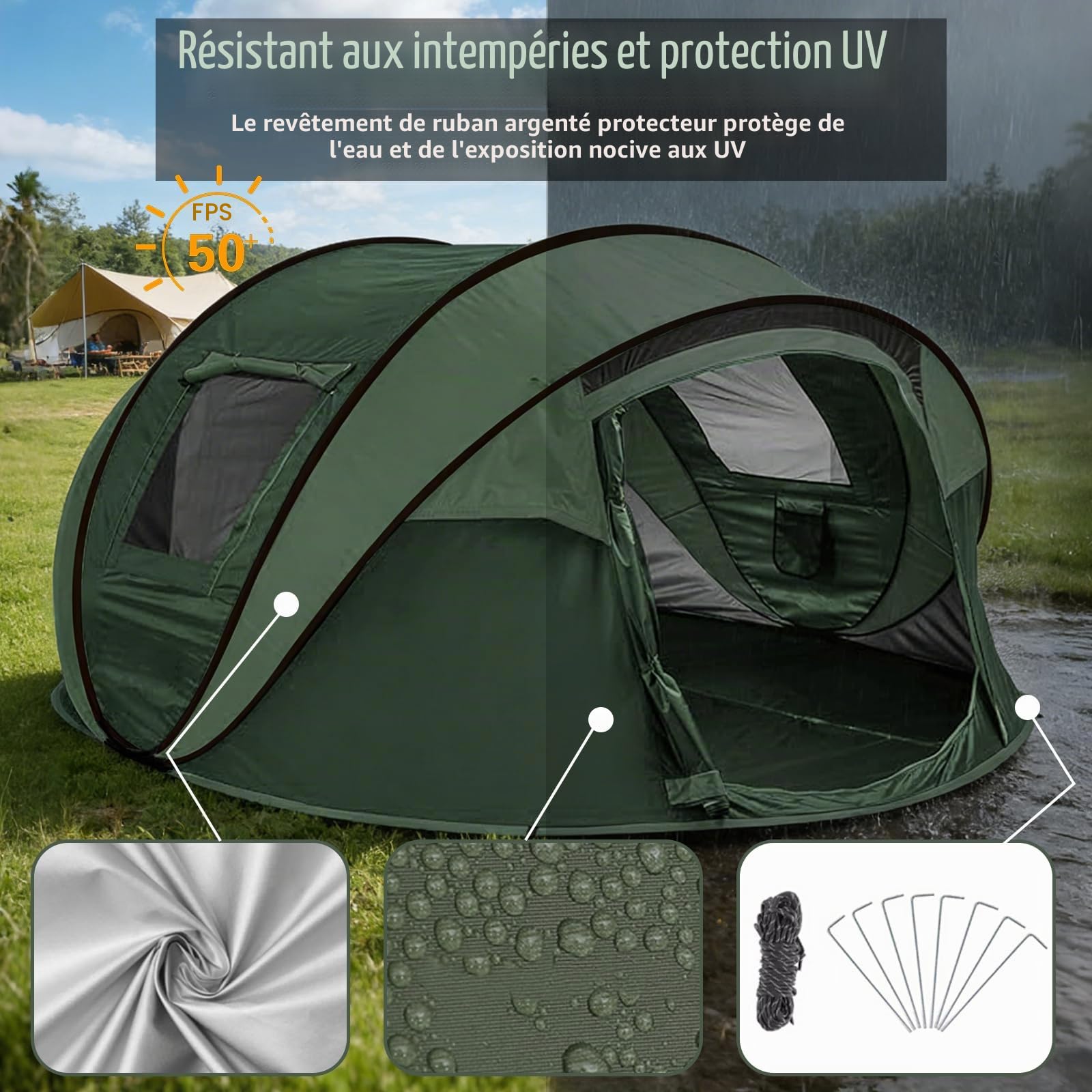 Tente de camping pop-up pour 4 à 5 personnes, tente automatique en 3 secondes, tente à lancer, étanche, protection solaire, tente familiale, tente dôme portable légère pour camping en plein air