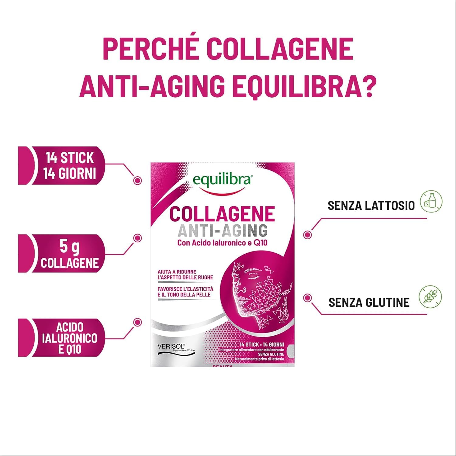 Equilibra, Collagene Anti-Aging, Collagene Idrolizzato VERISOL®, 14 Mono Stick, 5000mg Collagene a Dose, con Acido Ialuronico, Coenzima Q10, Migliora l'Aspetto della Pelle, Riduce le Rughe