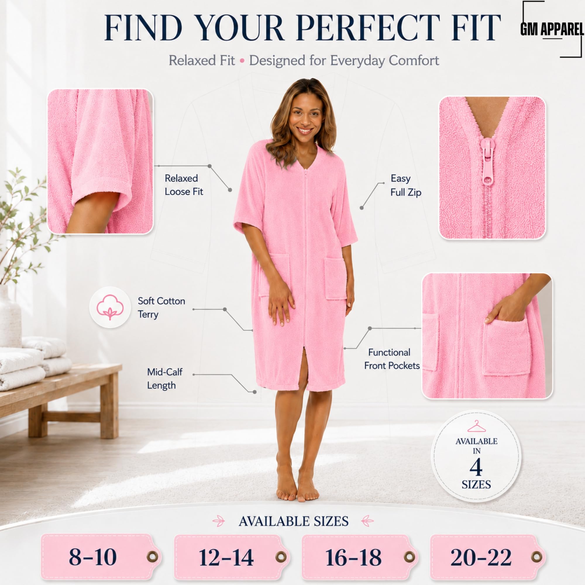 GM Apparel Albornoz con cremallera para mujer, 100 % algodón, toalla de rizo altamente absorbente