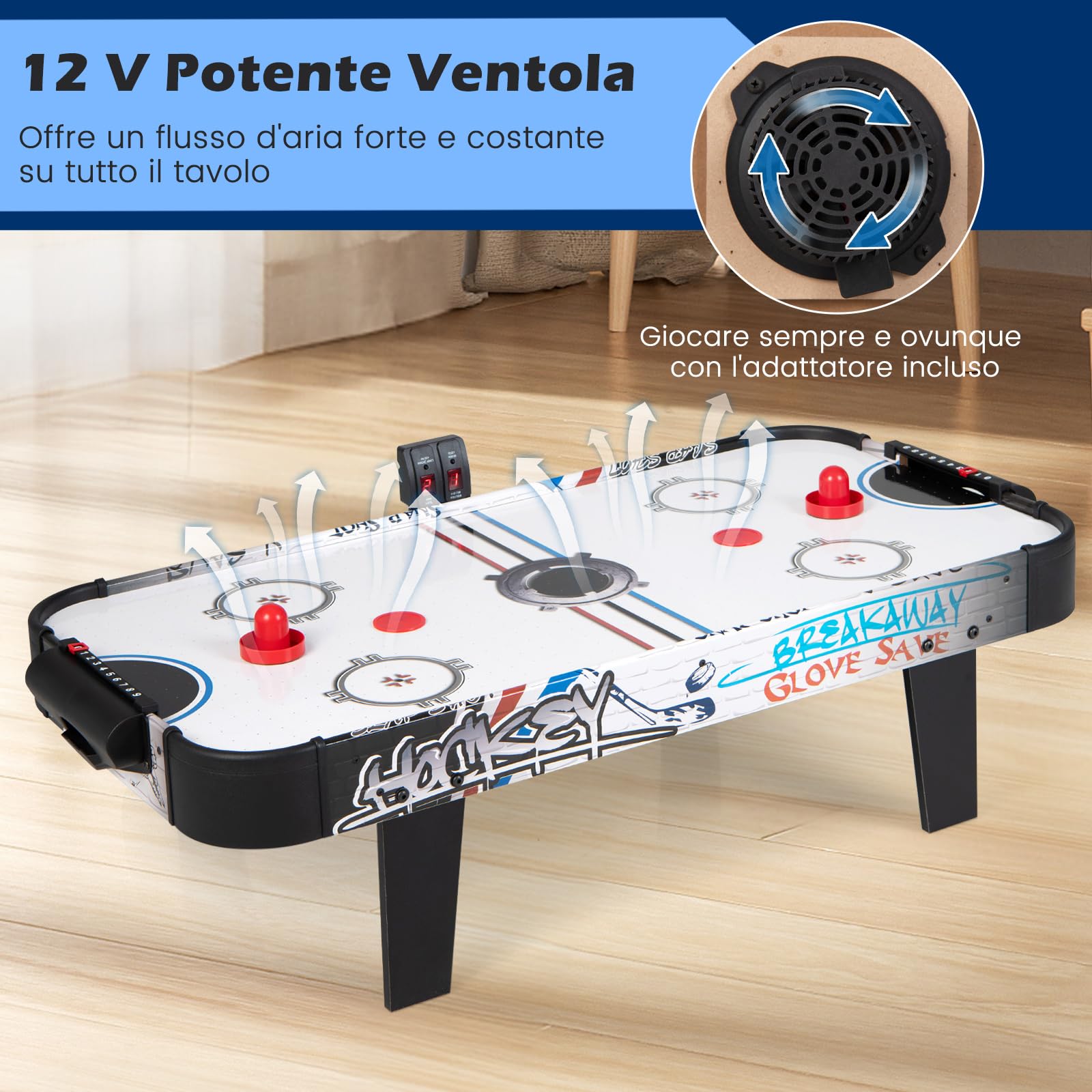 COSTWAY Tavolo Air Hockey, Set Tavolo da Air Hockey con Segnapunti LED Elettronico, 2 Dischi, 2 Palette, 2 Porte, Gioco Divertente per Bambini e Adulti, 110 x 59 x 31 cm