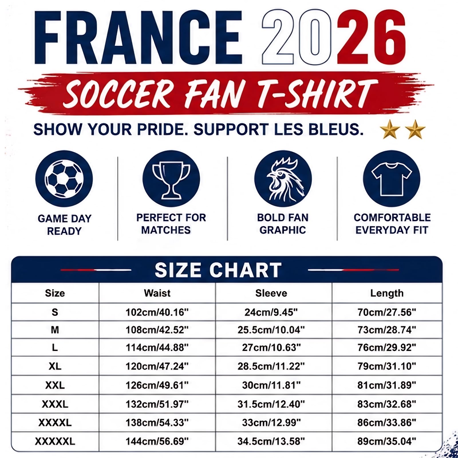Générique Maillot France 2026 Homme – Maillot de Foot France avec Coq Gaulois, Haut Décontracté Style Fan Respirant pour Supporter Équipe de France Football