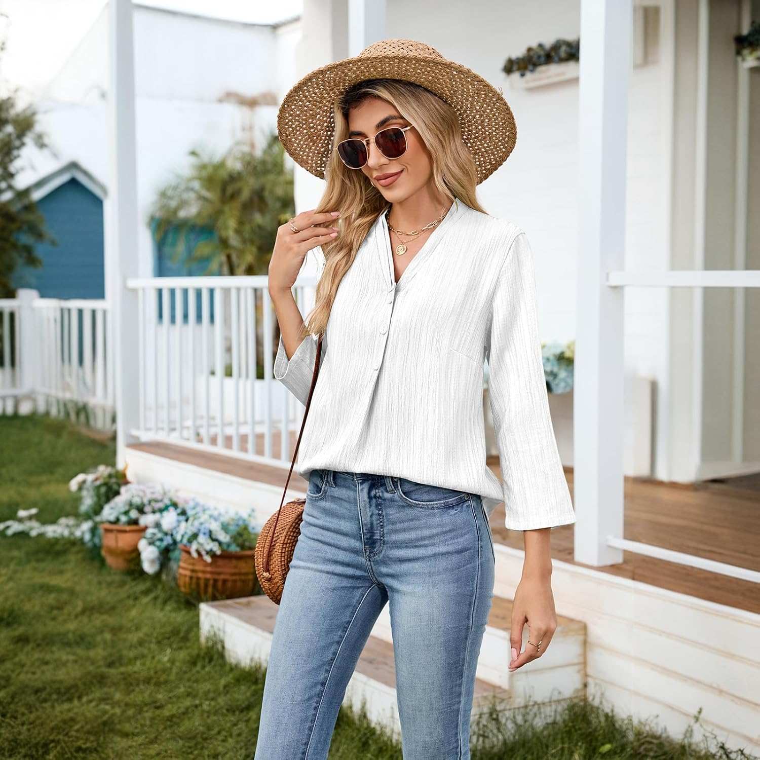 3/4 Length Sleeve Womens Tops 2025 Summer Trendy Shirts V Neck Button Textured Blouse Curved Hem - Image 3