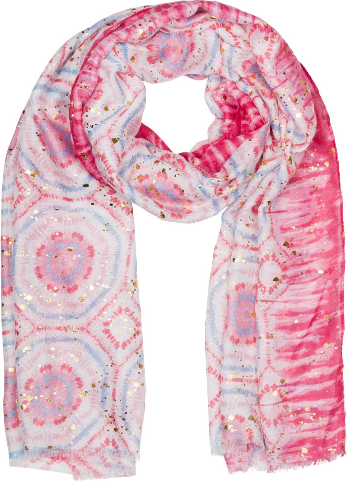 Stylebreaker Women's Pink-Light Blue Scarf Batik Pattern With Metallic Stripes, Lightweight Boho Style Shawl With Short Fringes 01016230, Colour: