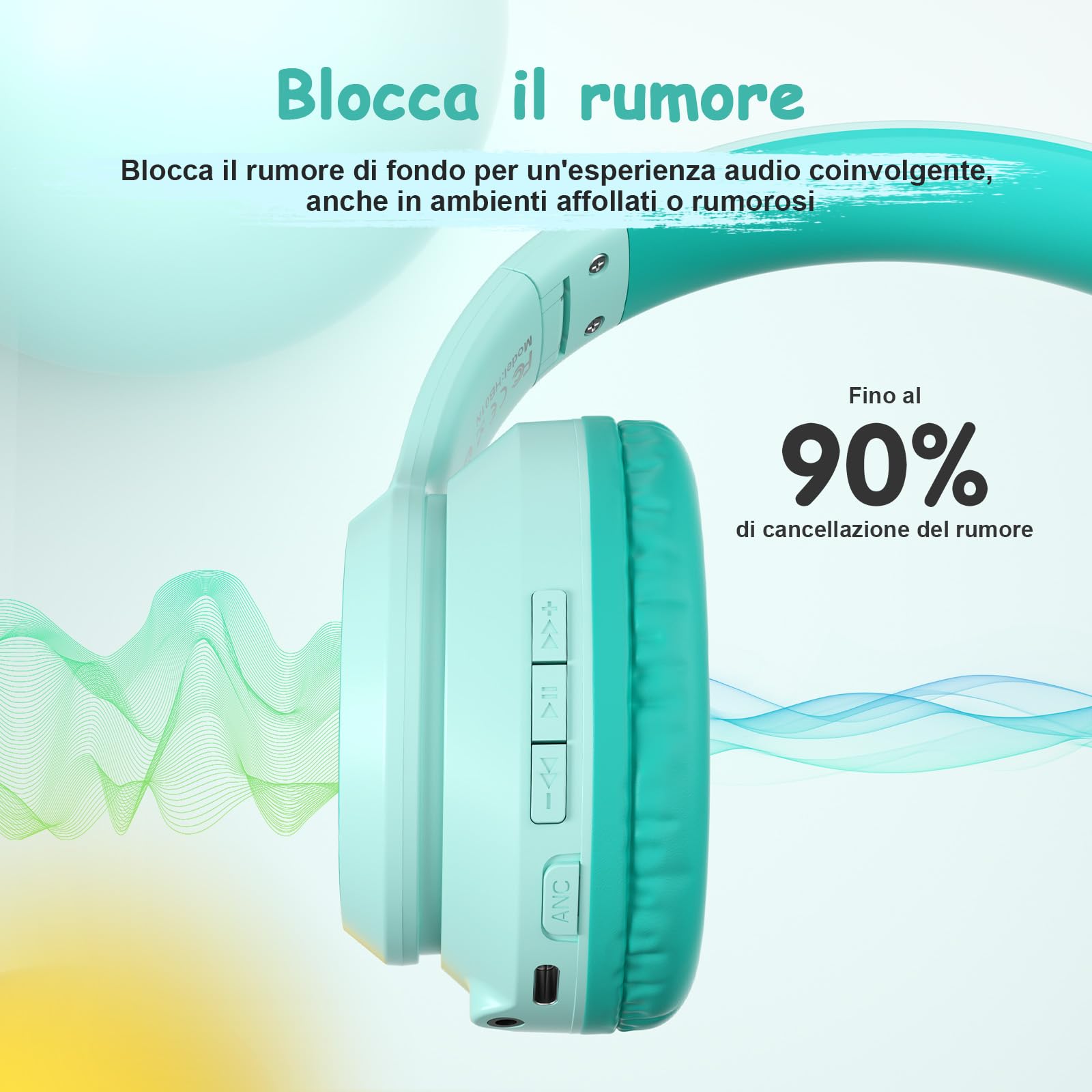 TONOSHARK Cuffie Bambini ANC, 60h Autonomia, Bluetooth Senza Fili Over-Ear con Microfono– Ideali per Casa/Scuola/Viaggi/Feste Custodia Inclusa (blu-verde)
