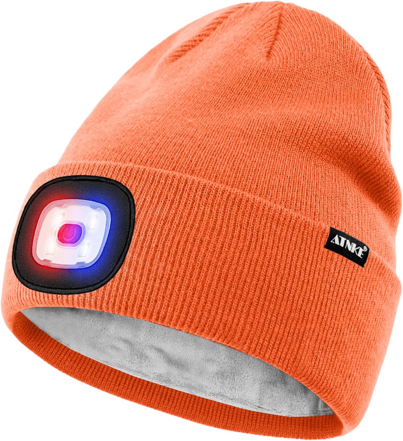 ATNKE LED Lighted Beanie Hat,USB Rechargeable 4 LED Red and Blue Flashed Run Headlamp Lined Fleece Cap for Men and Women