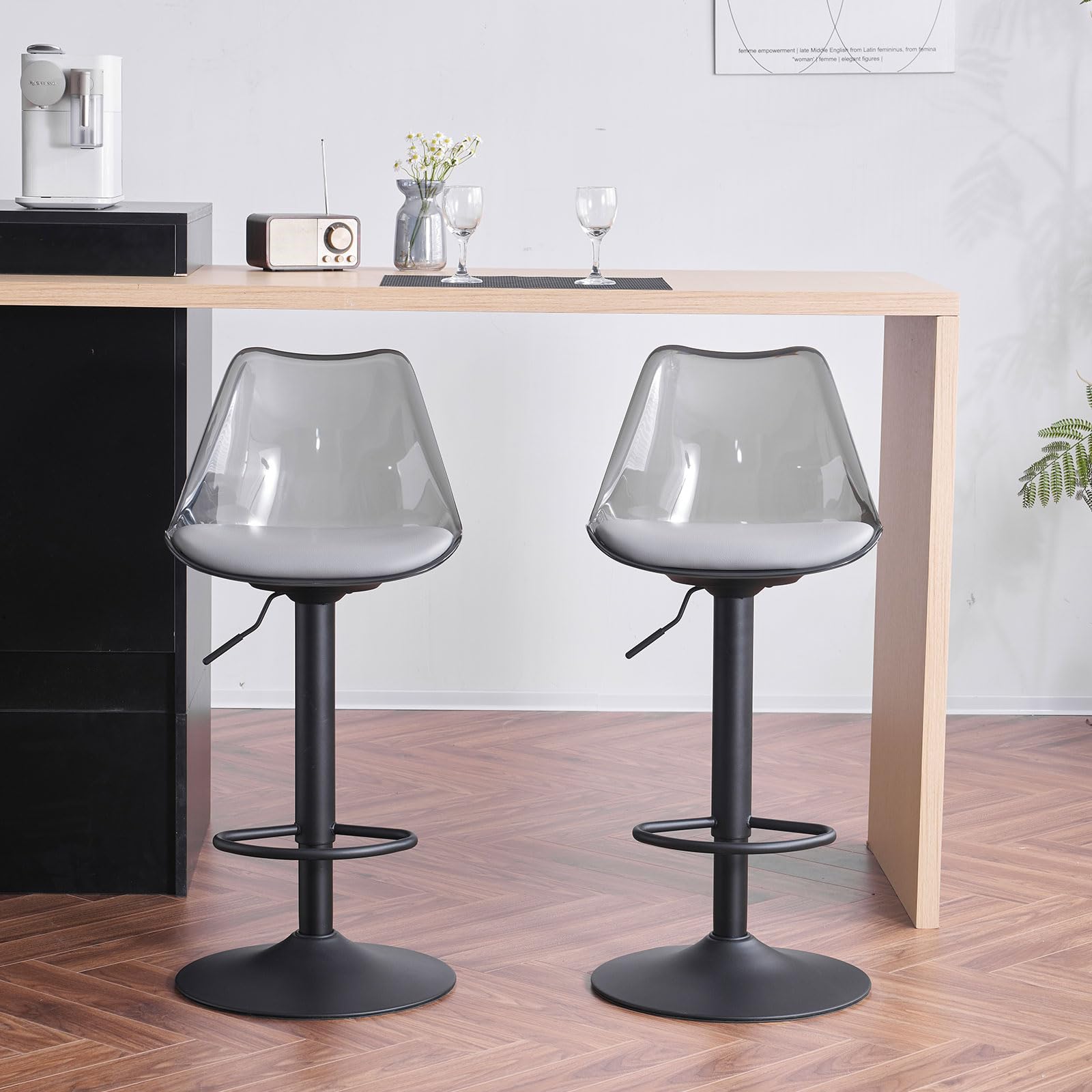 set di 2 sgabelli da bar trasparenti in acrilico regolabili in altezza con schienale e poggiapiedi, sedie girevoli imbottite a 360° moderne per cucina, sala da pranzo, bancone e bar