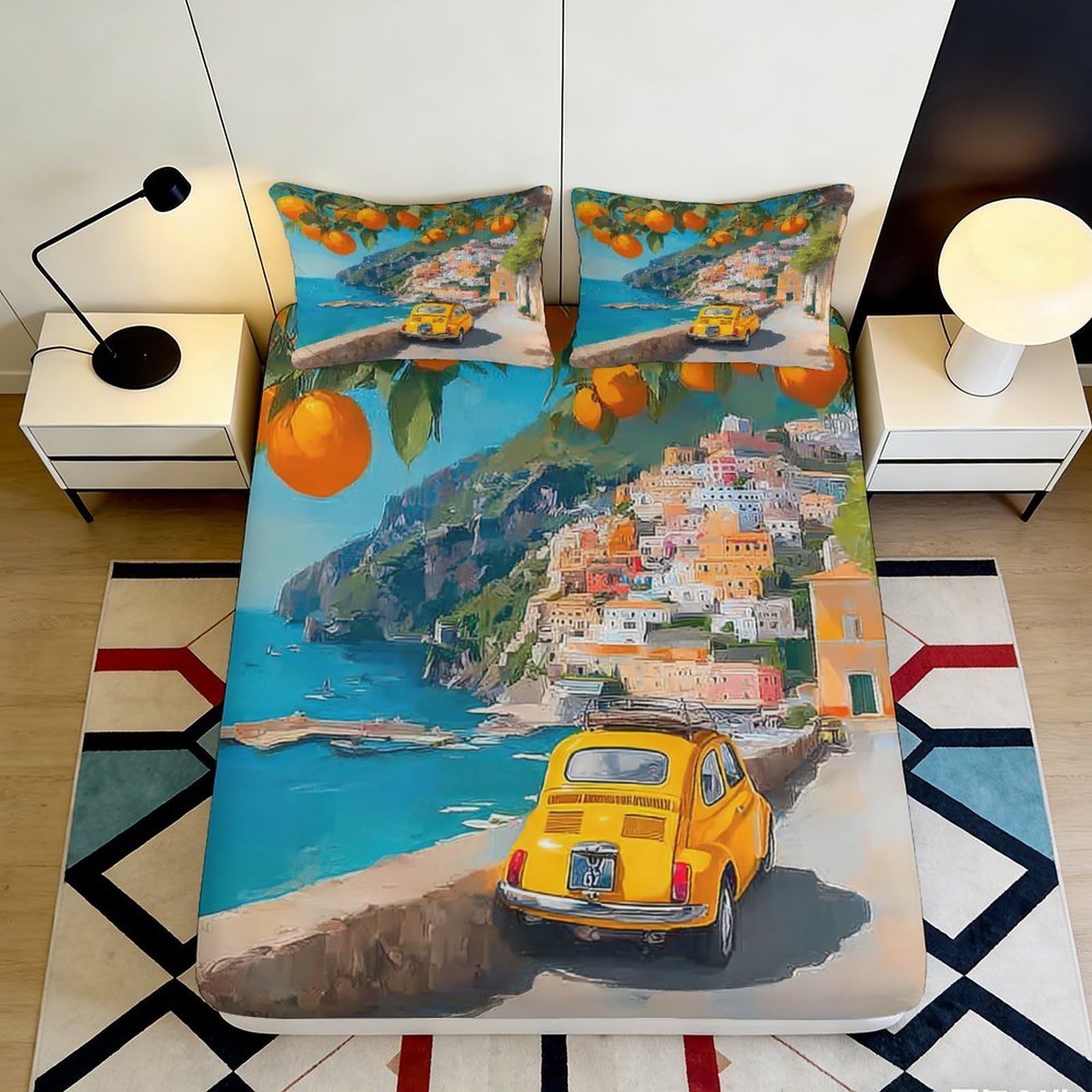 3D Printed Amalfi Coast Fitted Sheet Microfiber Mediterranean Lemon Car Bed Sheet Non Slip Washable Mattress Protector Decor 90x200x25cm