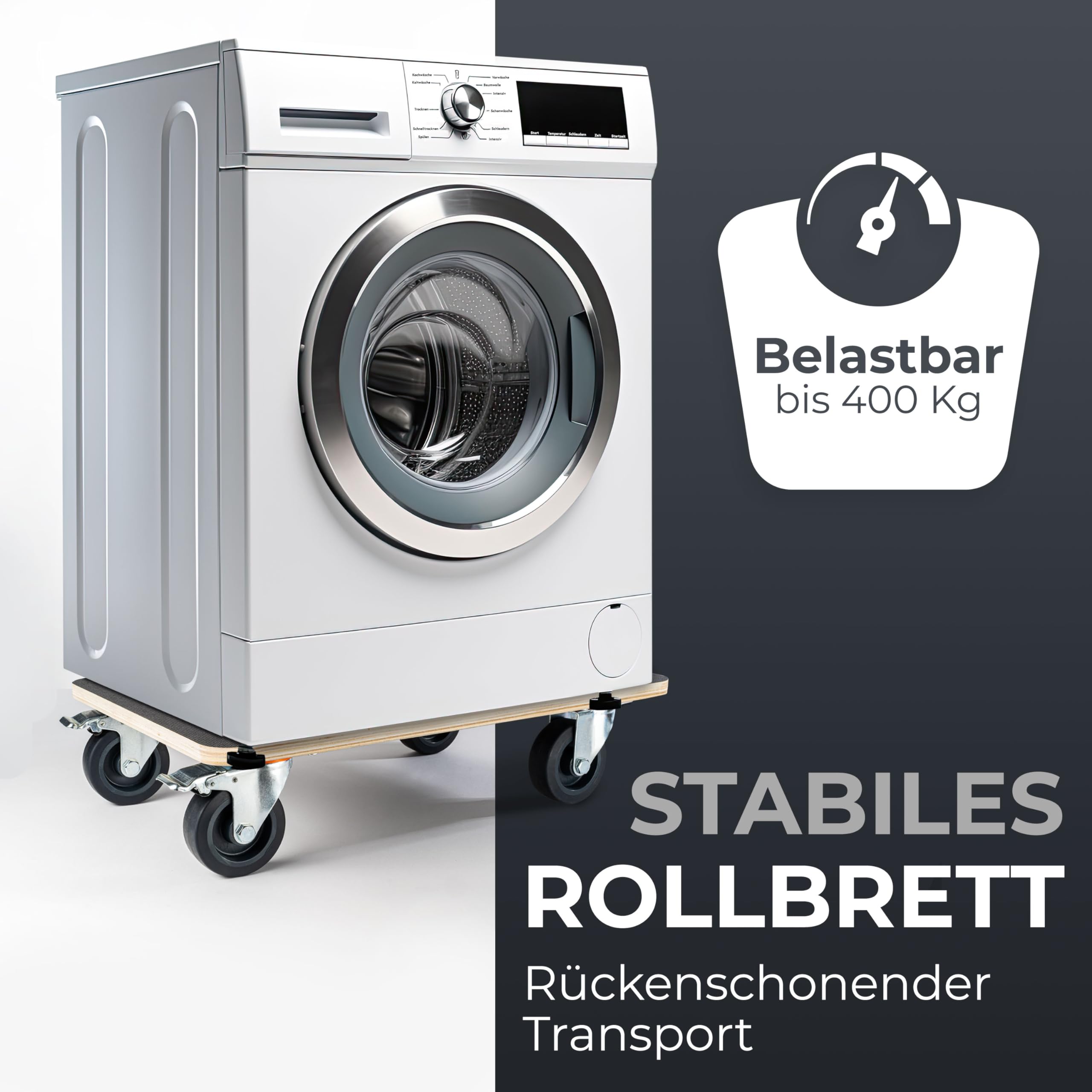 Rollbrett Schwerlast | Extra leise Rollen | 400kg Belastung | mit 2 Festell-Bremsen und Tragegriffen | Hochwertiges Holz | Transportroller | Rollwagen für Pflanzgefäße